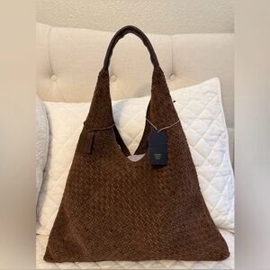Genuine Suede Leather Brown Woven Tote Bag. NWT